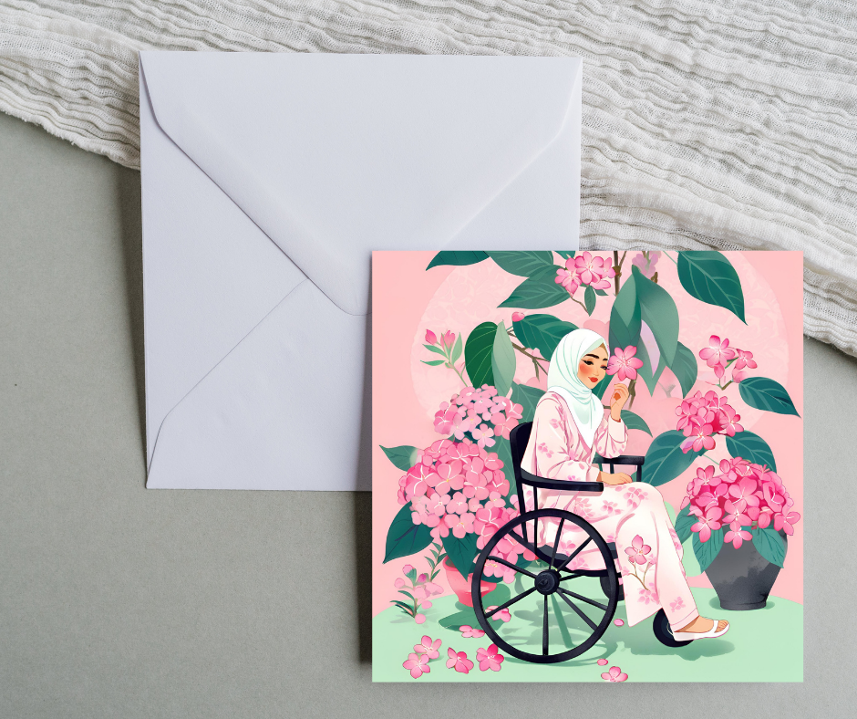 Hijabi woman sitting on a wheelchair greeting card for any occasion