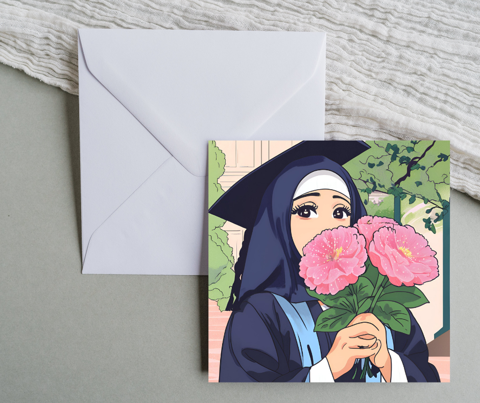 Female hijabi wearing black graduation gown flower Graduation greeting card 5.8 inch by 5.8 inch