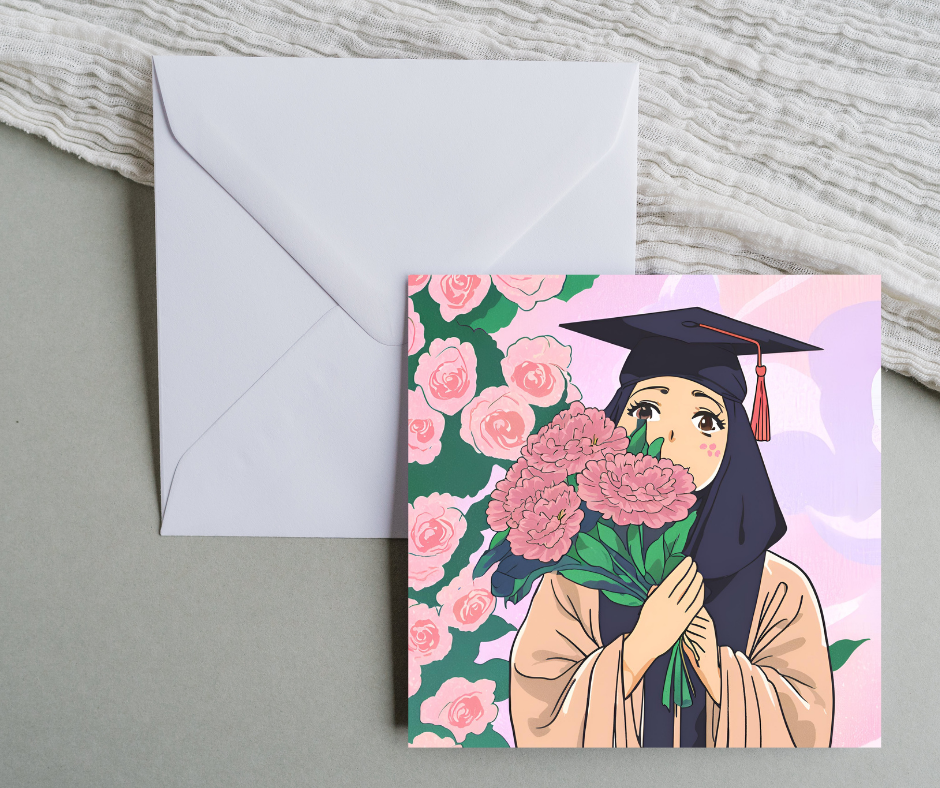 Hijabi girl wearing a graduation gown holding pink flower Graduation greeting card 5.8 inch by 5.8 inch