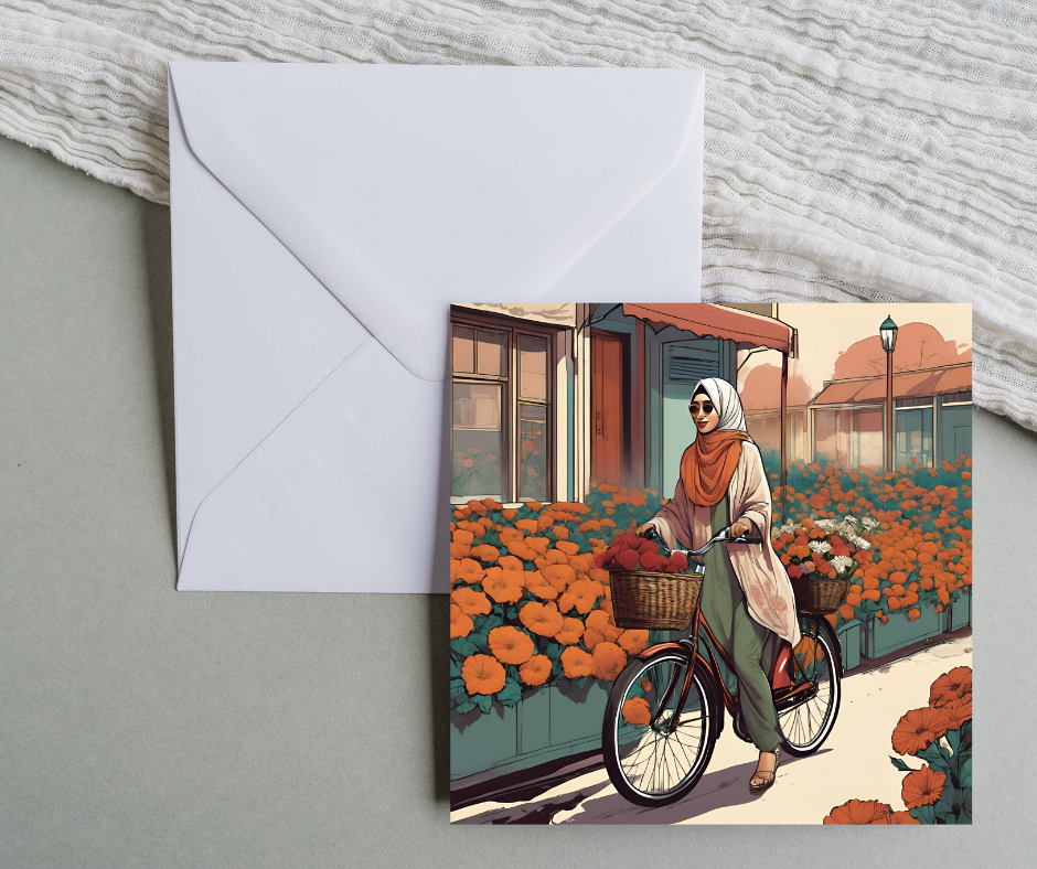 Hijabi woman riding a bike blank square greeting card