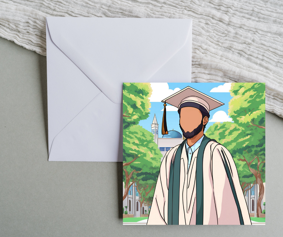 Male wearing white gown Graduation greeting card 5.8 inch by 5.8 inch