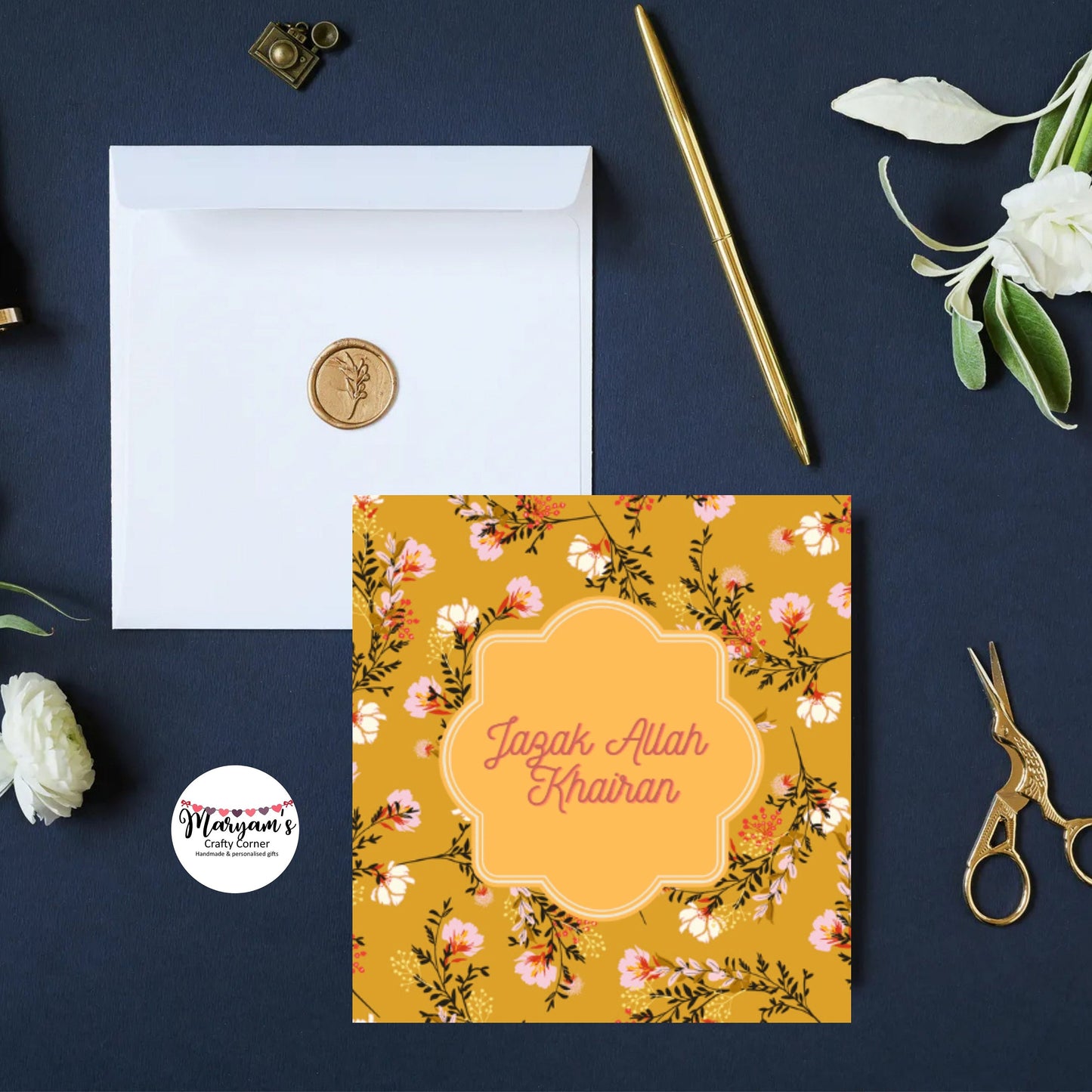 Jazak Allah Khairan written in english, mustard yellow floral islamic thank you card