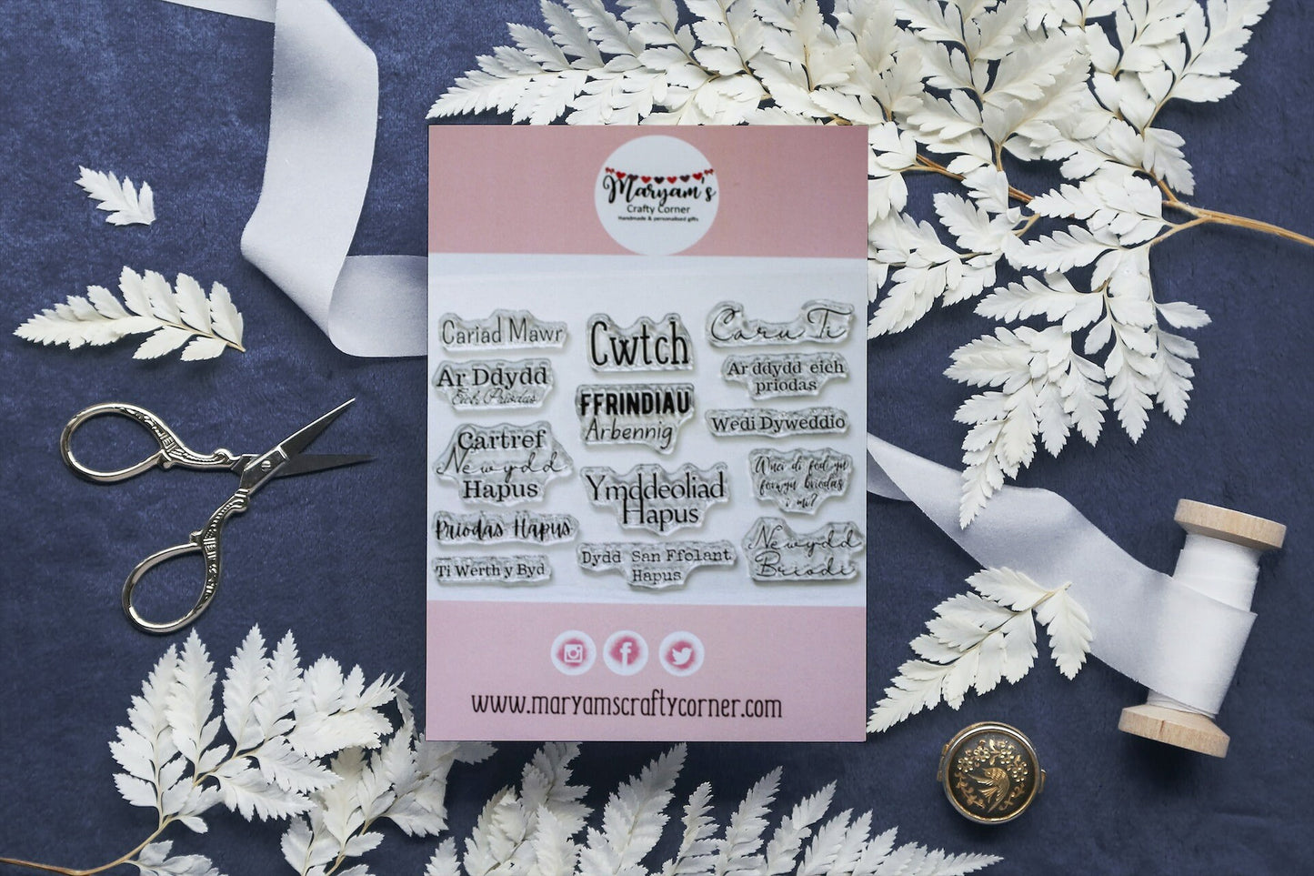 Selection of of welsh Stamps Cwtch, Caru Ti, Priodas hapus, perfect welsh greeting card stamps for card making and craft making welsh stamp