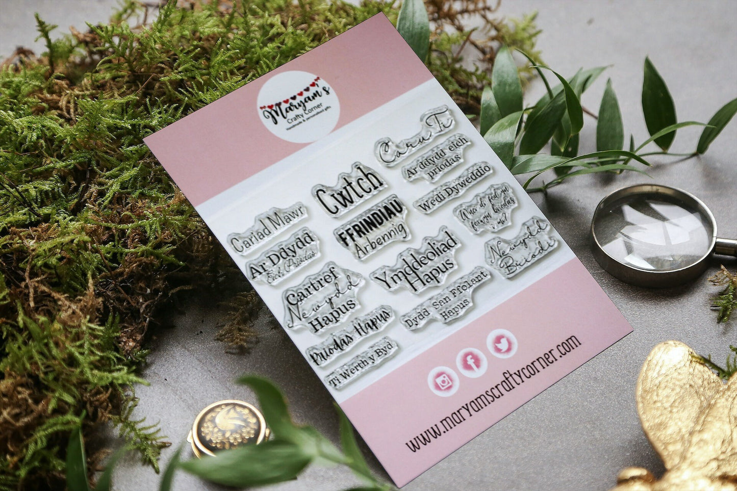 Selection of of welsh Stamps Cwtch, Caru Ti, Priodas hapus, perfect welsh greeting card stamps for card making and craft making welsh stamp