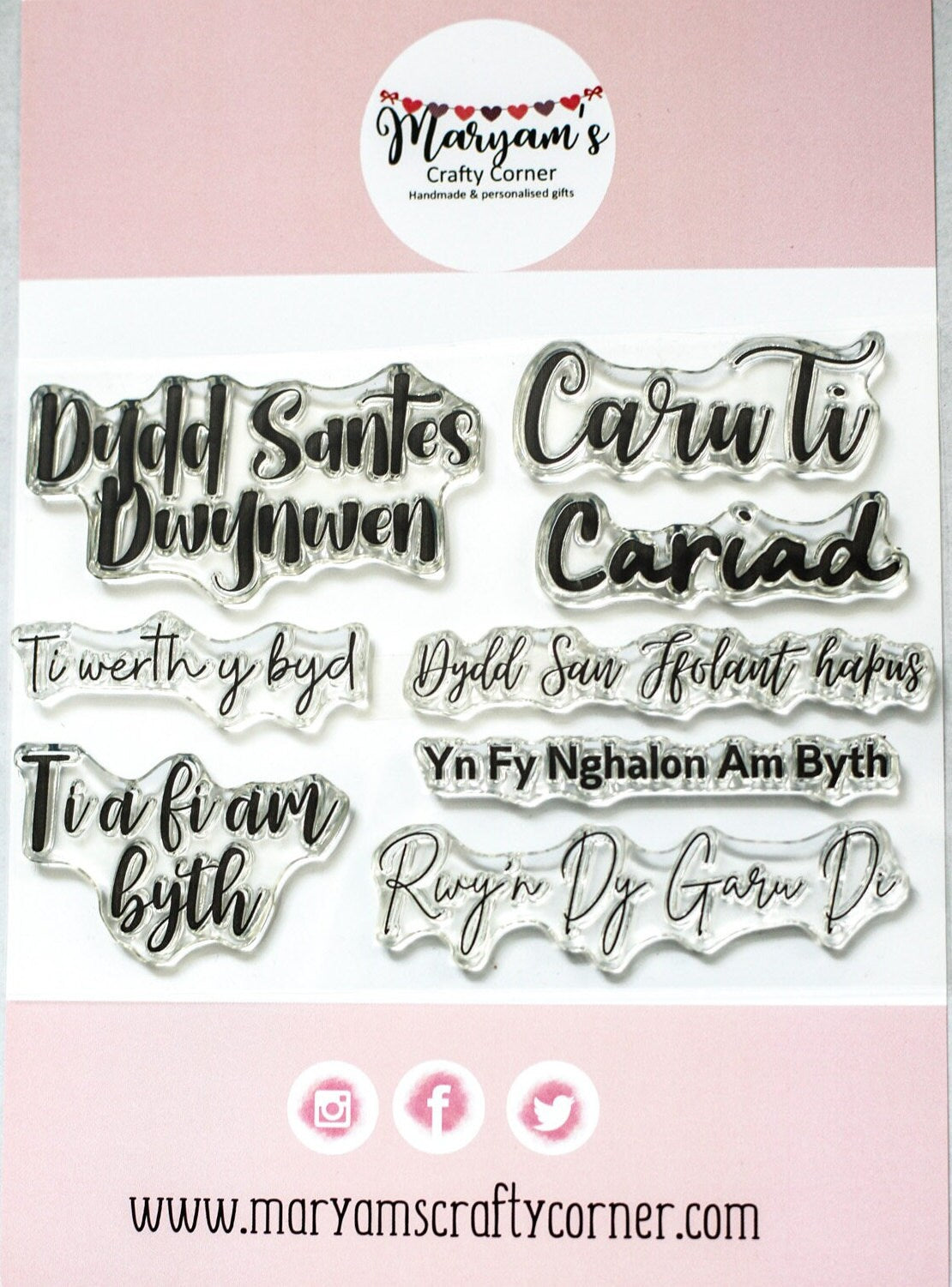 Unmounted clear Welsh love stamps , Dydd Santes Dwynwen, Caru Ti, Cariad & other loving endearments ideal for making lovely Welsh greeting