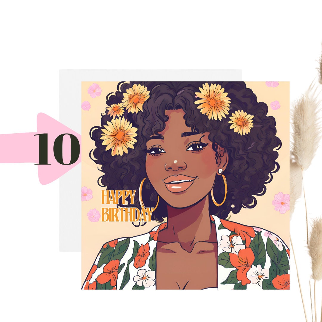 Beautiful Black lady with afro and flowers Happy Birthday Square approx 6 inch by 6 inch greeting card