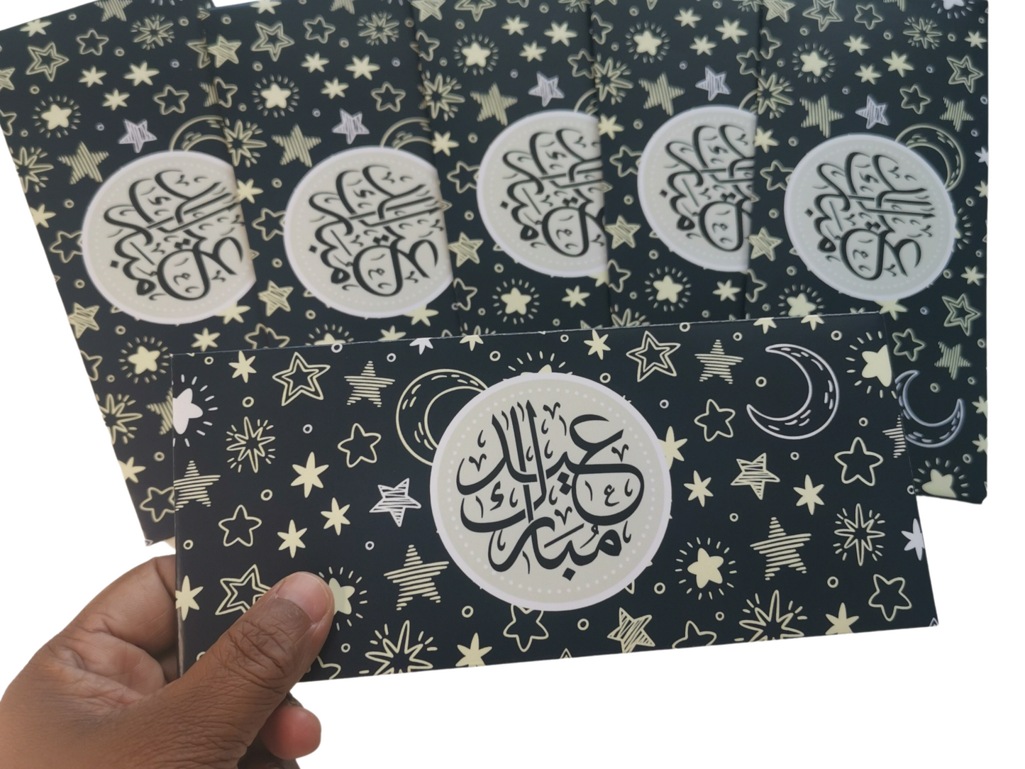 Black Pack of 6 Eid Mubarak Envelope in Arabic, Eid Money Packets For Eid day, Arabic Eid Mubarak font on Silk 170gsm envelope