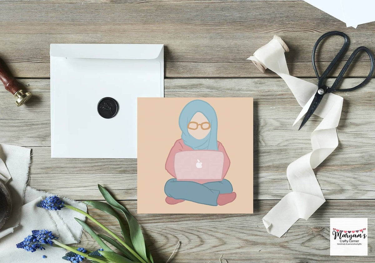 Hijabi IT girl greeting card, ideal for muslim greetings, Left blank and can be used for Eid Card, Birthday card or islamic greetings