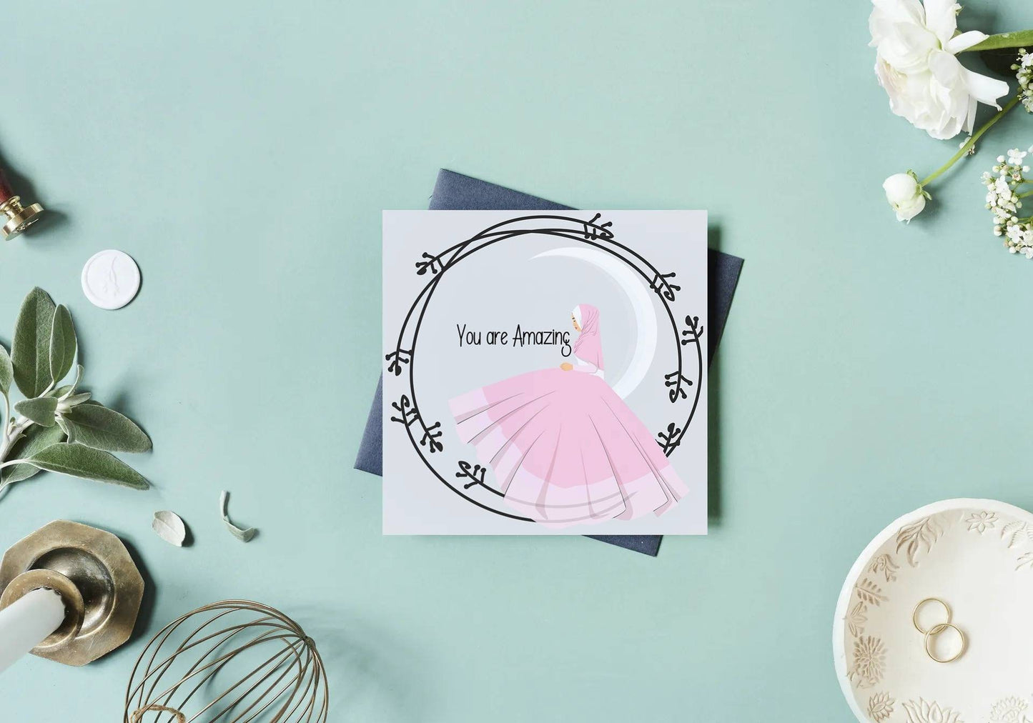 Hijabi woman on the moon greeting card