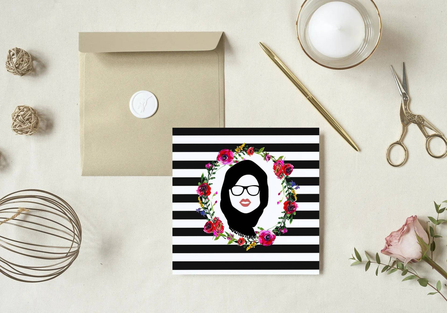 Stripey Hijabi Girl Greeting card, Ideal for islamic greeting, muslim greetings, birthdays or eid cards