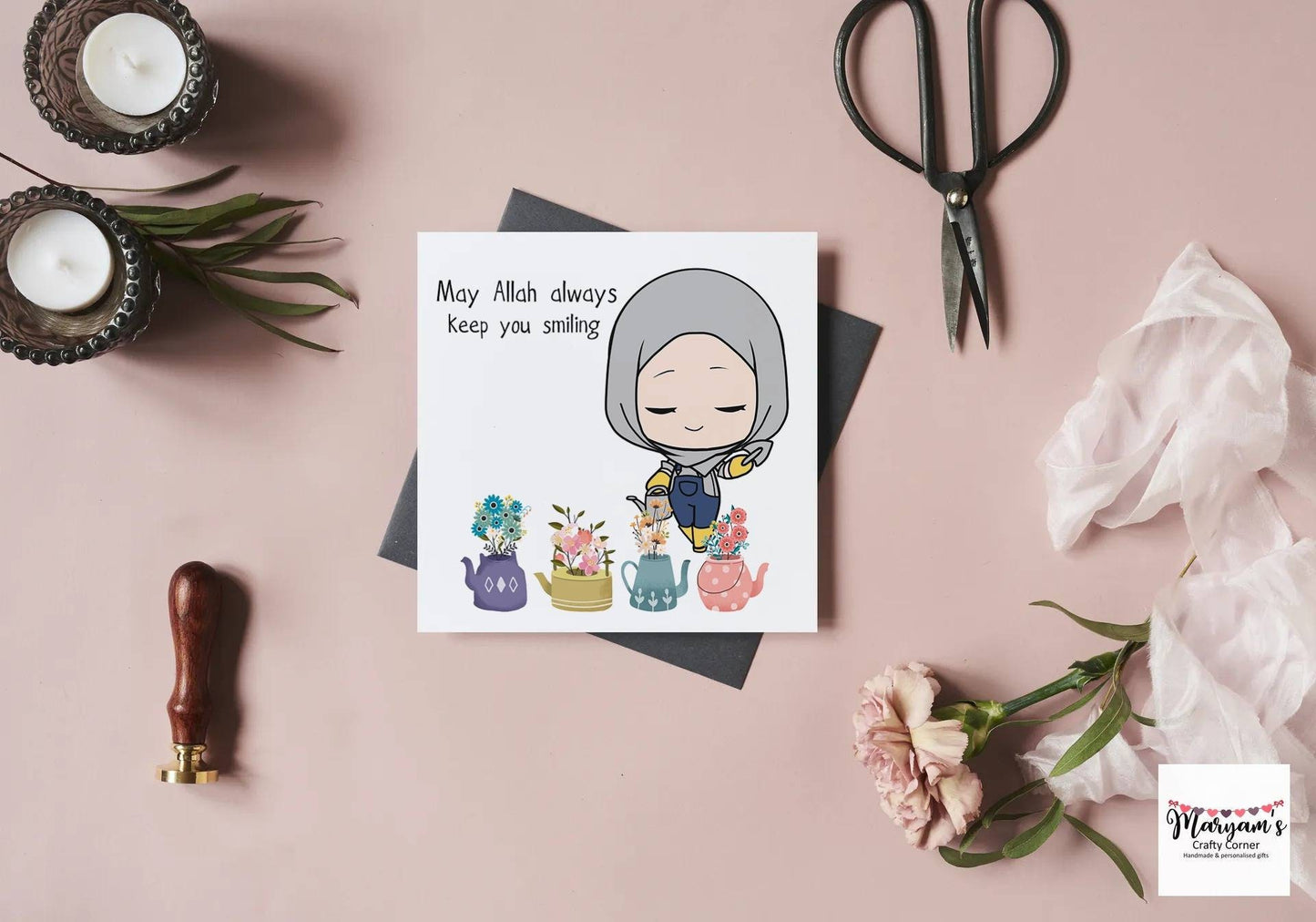 Hijabi cat woman greeting card, Islamic greeting card, Muslim greeting and duas