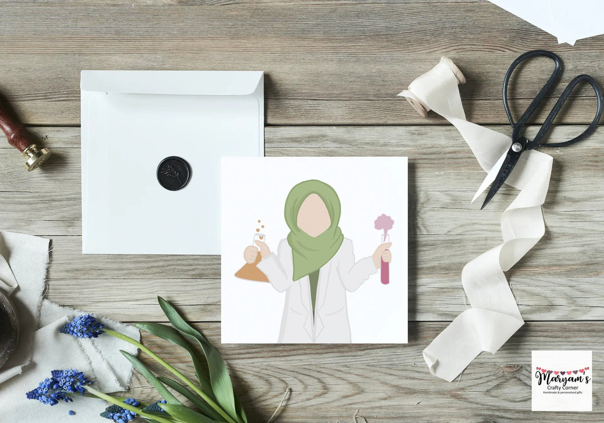 Hijabi scientist greeting card, Perfect for Eid greeting, islamic greeting or any muslim greeting or Birthdays