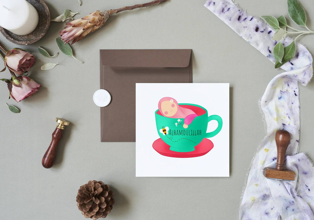 Hijabi in a cup greeting card, hijab greeting card for eid, birthday or special occasion