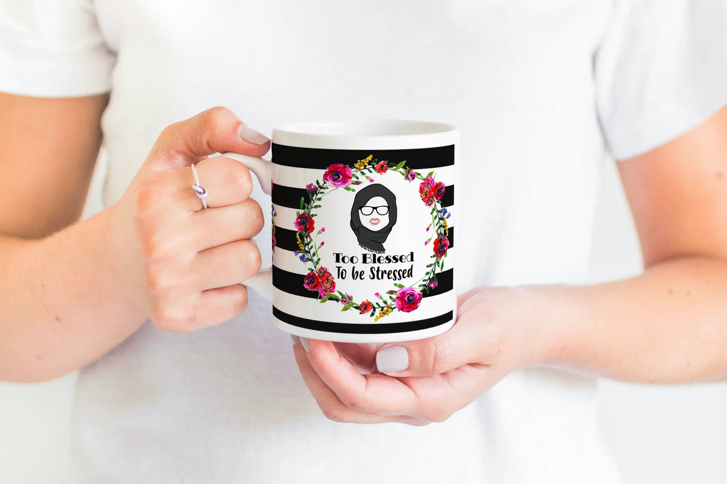 Eid GiftBlack and White stripey Hijabi Mug, Too Blessed to Be stressed Islamic Muslim, Arabic Mug