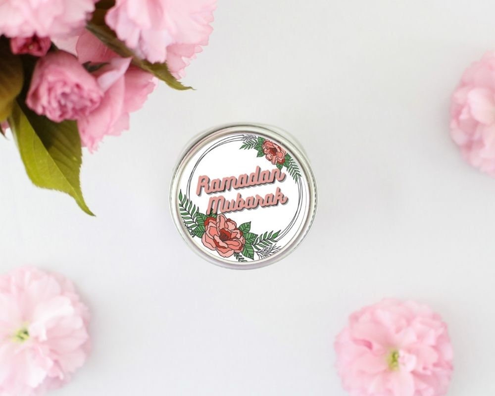Tropical Floral Ramadan Mubarak or Eid Mubarak round stickers ideal for sweet cones, gifts and sticker on jars, Perfect Eid Gift