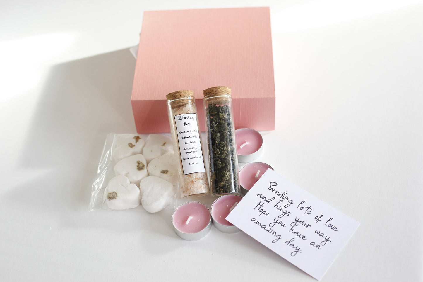 Test Tube Bath Salts, Rose SPA GIFT SET, Luxury Bath Bombs, Himalayan Epsom Salt Mix & Heart Shaped Bath Bomb Small Eid Gift Box For Women