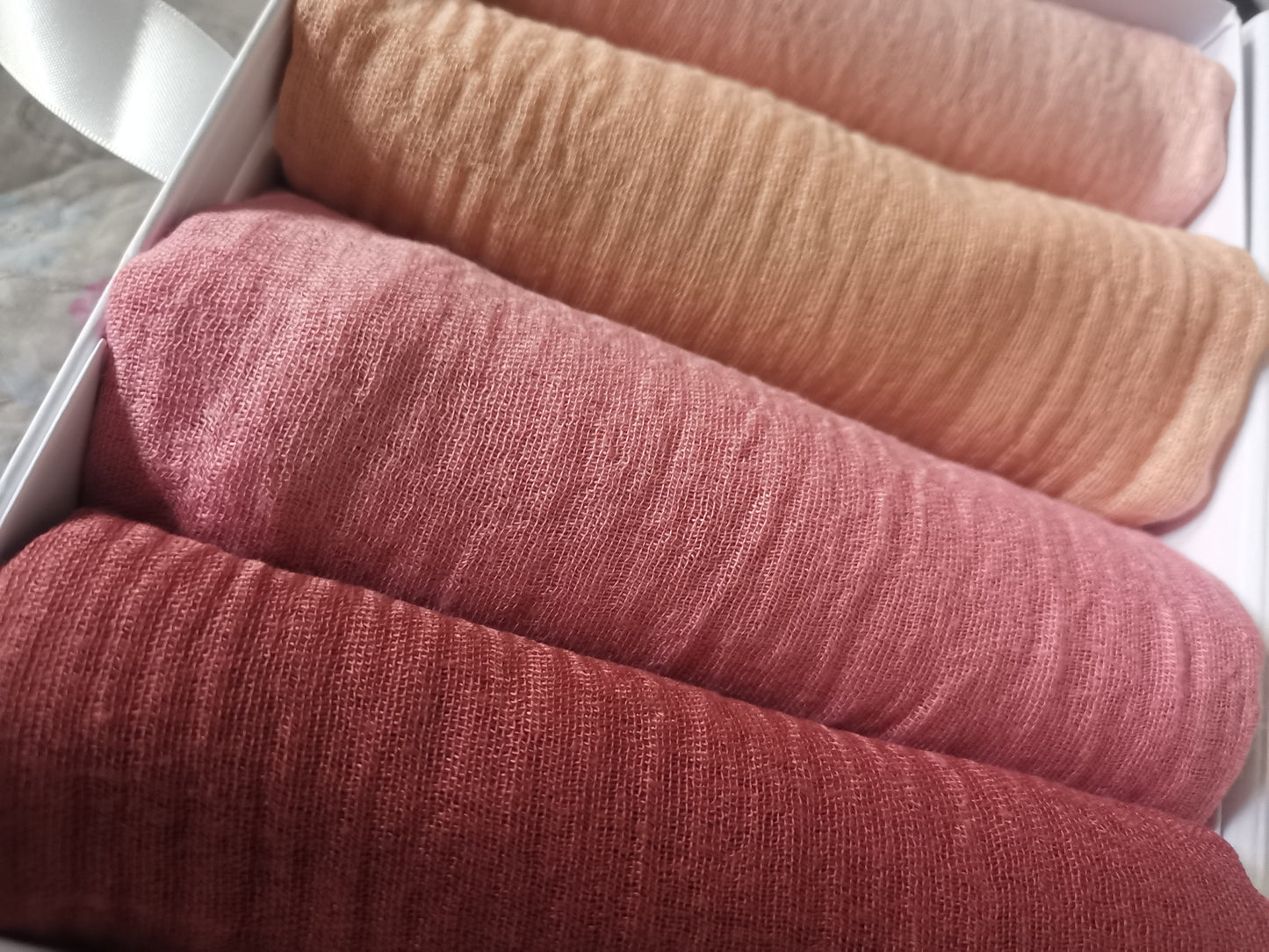 3 Nude shades and 1 deep crimple scarf with distressed edge, Perfect Eid Hijabs, or if you are gifting hijab gifts, perfectly boxed