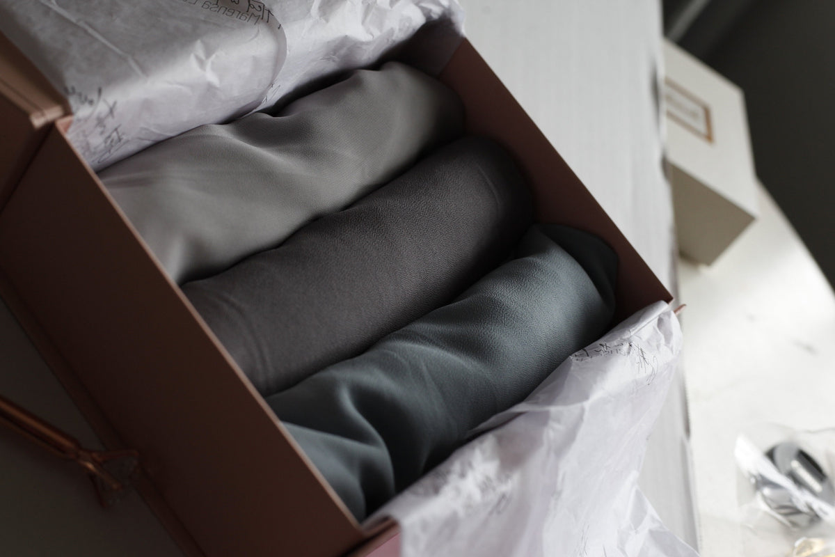 Hints of grey, Luxury Chiffon Hijab Eid gifts box, a beautiful hijab box, Hijab magnet, Beautiful Gold foil label box with magnet closing