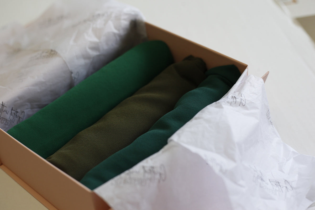 Hints of green, Luxury Chiffon Hijab Eid gifts box, a beautiful hijab box, Hijab magnet, Beautiful Gold foil label box with magnet closing