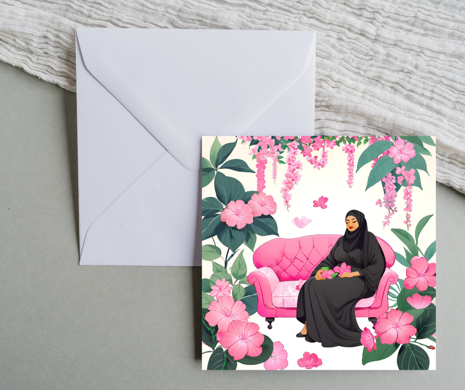 Hijabi woman wearing abaya reclining on a sofa greeting card