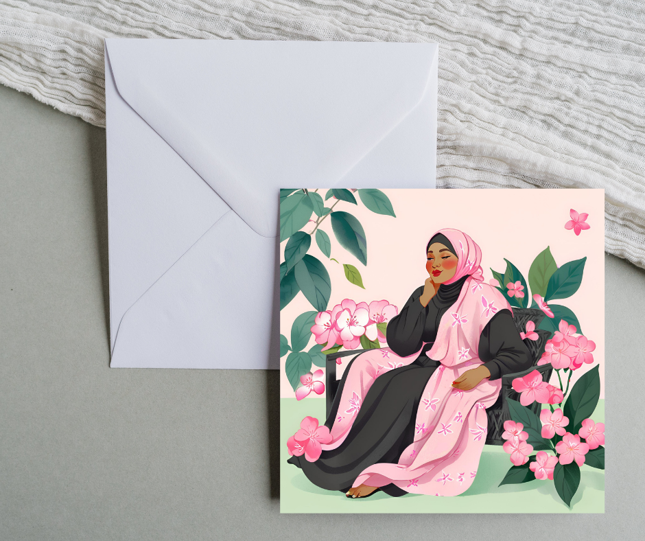 Hijabi woman sitting on sofa surrounded by flowers Square blank inside greeting card