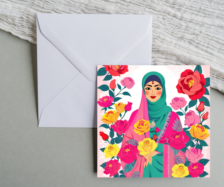 Bright floral greeting card with hijabi dressed in traditional indian wear