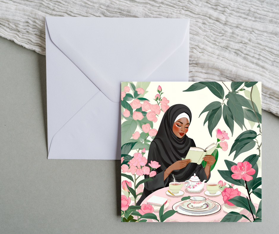 Dark Brown skin tone Hijabi reading book square greeting card blank inside