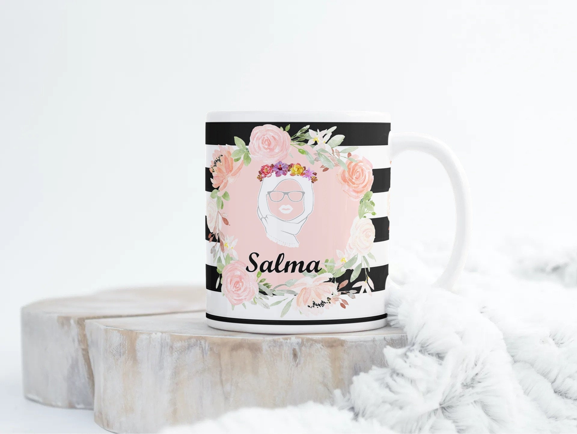 Black and White Stripey Hijabi mug, Name Mug islamic muslim mug, Arbic name mug