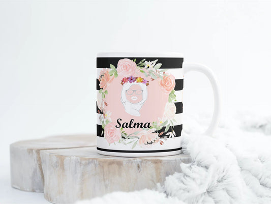 Black and White Stripey Hijabi mug, Name Mug islamic muslim mug, Arbic name mug