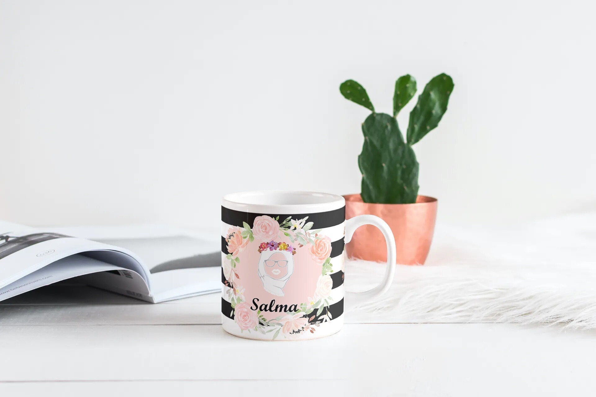 Black and White Stripey Hijabi mug, Name Mug islamic muslim mug, Arbic name mug