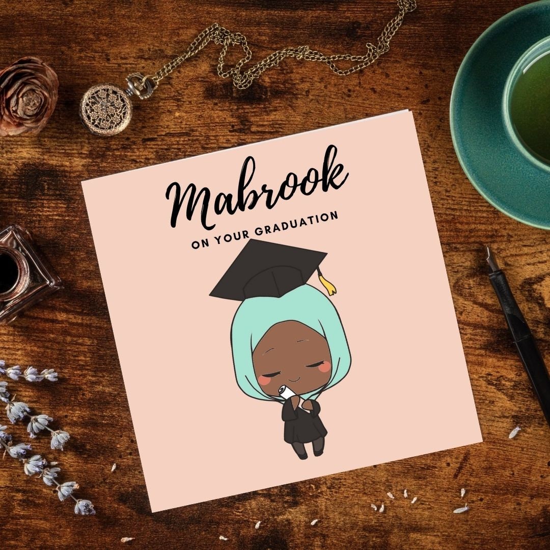 Asian, Brown Skin tones Graduation Muslim greeting card, special greeting card, Arabic Mabrook