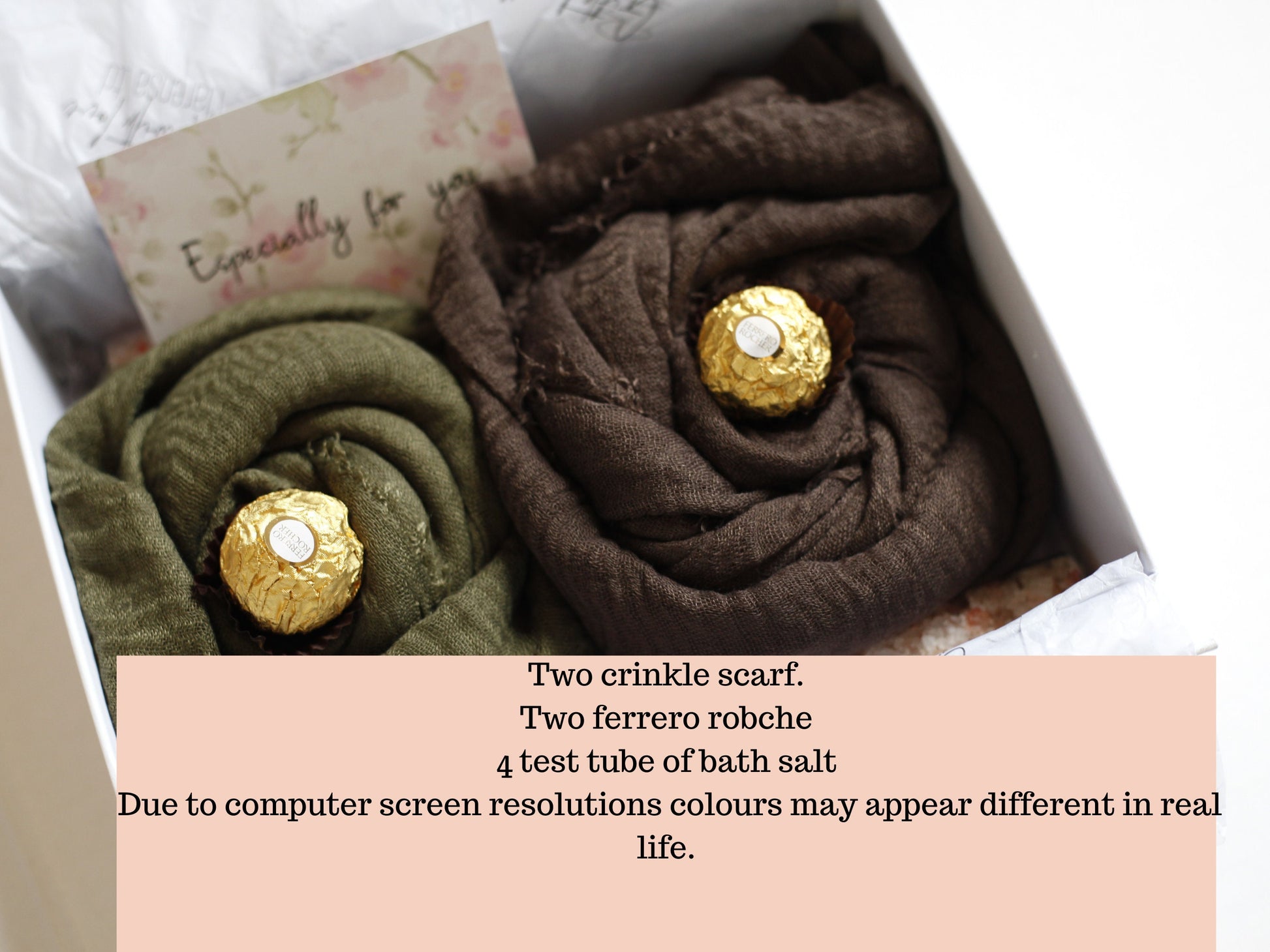 Elegant Eid Gift Set Bath Salts, Card, Message, Celebrate Eid in Style Crinkle Hijab and Handmade Bath Salts ,Gift Box Green Brown hijab