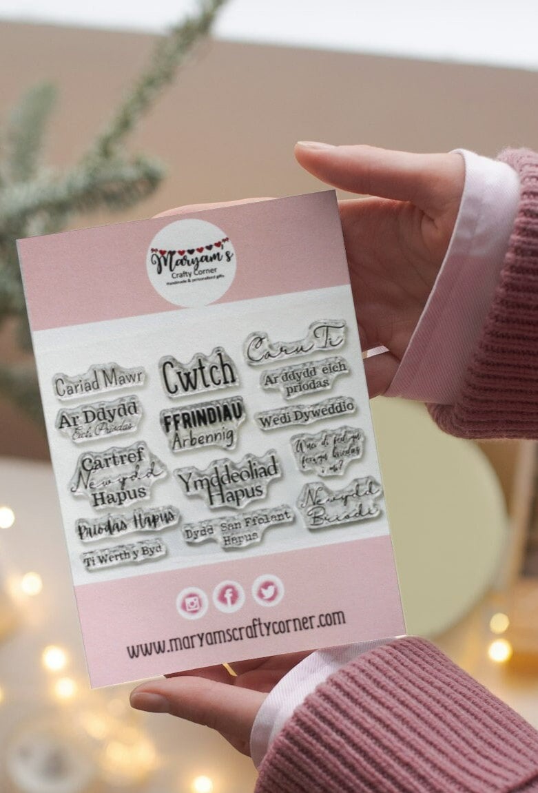 Selection of of welsh Stamps Cwtch, Caru Ti, Priodas hapus, perfect welsh greeting card stamps for card making and craft making welsh stamp