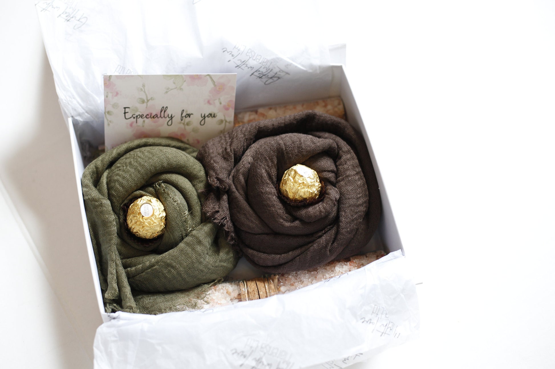 Elegant Eid Gift Set Bath Salts, Card, Message, Celebrate Eid in Style Crinkle Hijab and Handmade Bath Salts ,Gift Box Green Brown hijab