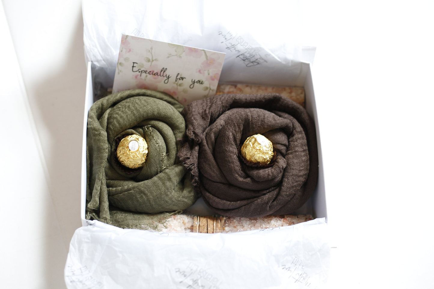 Elegant Eid Gift Set Bath Salts, Card, Message, Celebrate Eid in Style Crinkle Hijab and Handmade Bath Salts ,Gift Box Green Brown hijab