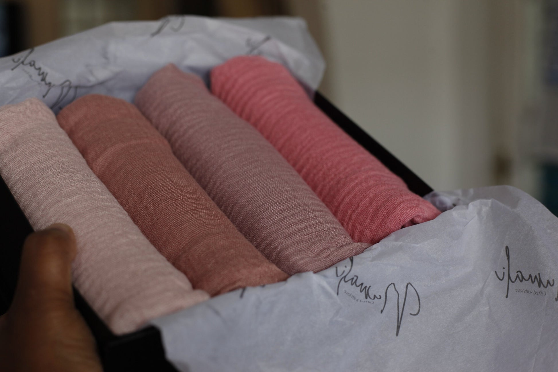 3 Nude shades and light pink crinkle scarf with distressed edge, Perfect Eid Hijabs, or if you are gifting hijab gifts, perfectly boxed