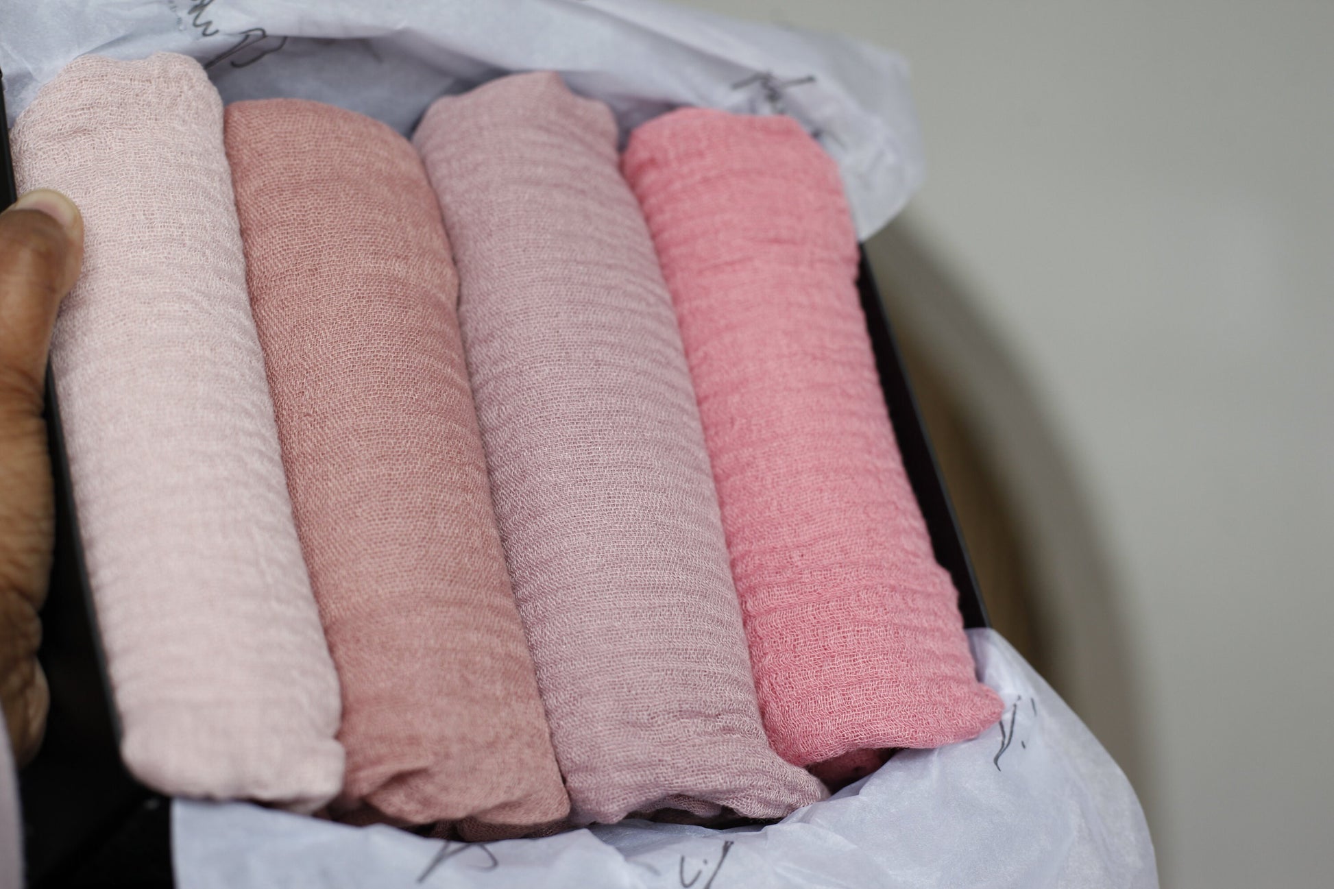 3 Nude shades and light pink crinkle scarf with distressed edge, Perfect Eid Hijabs, or if you are gifting hijab gifts, perfectly boxed