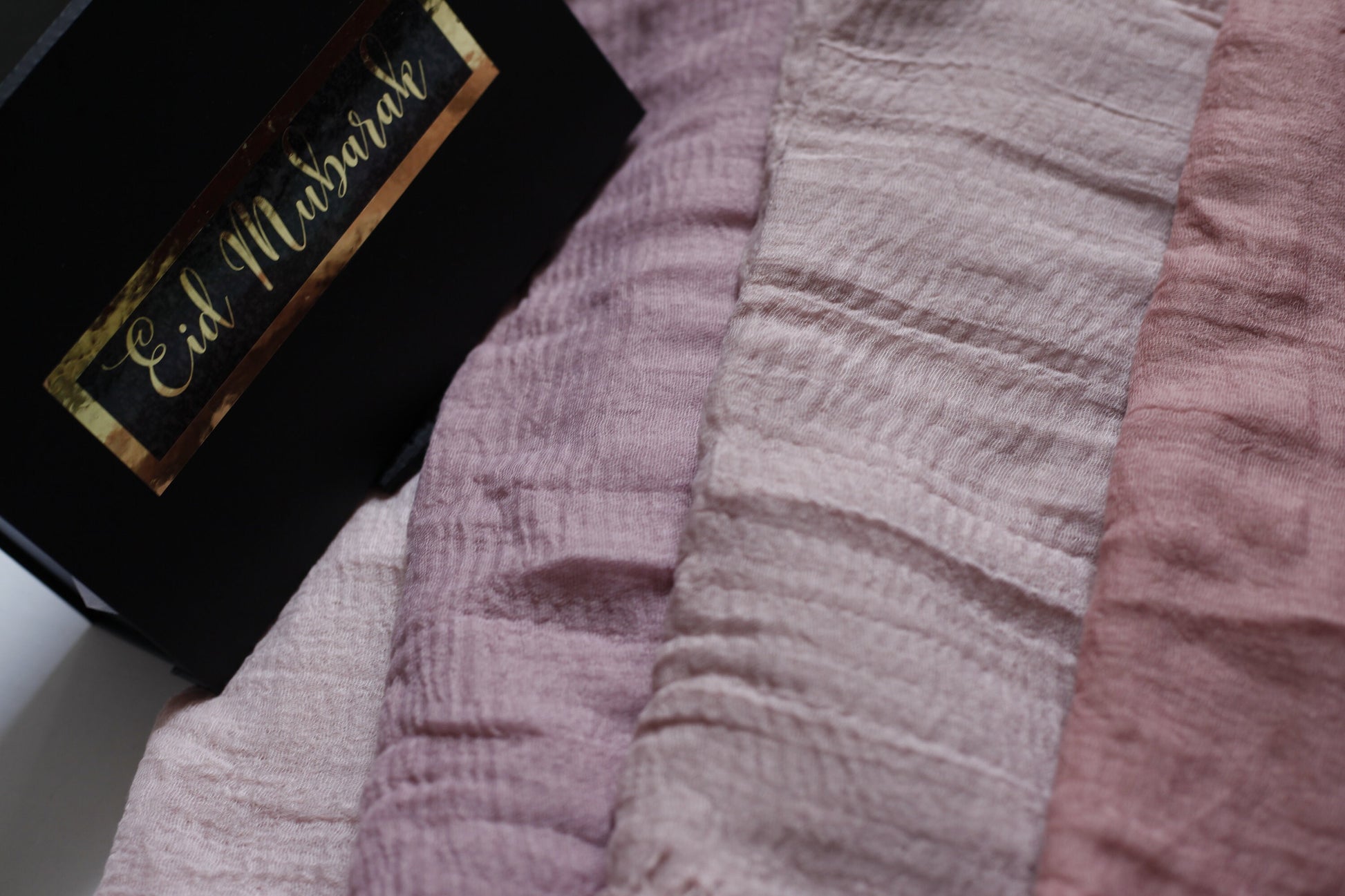 Elegant Eid Gift Box, 4 Nude crinkle Hijabs with 'Eid Mubarak' Gold Foiled gift box , hijab box for eid gifting, Hijab box for eid