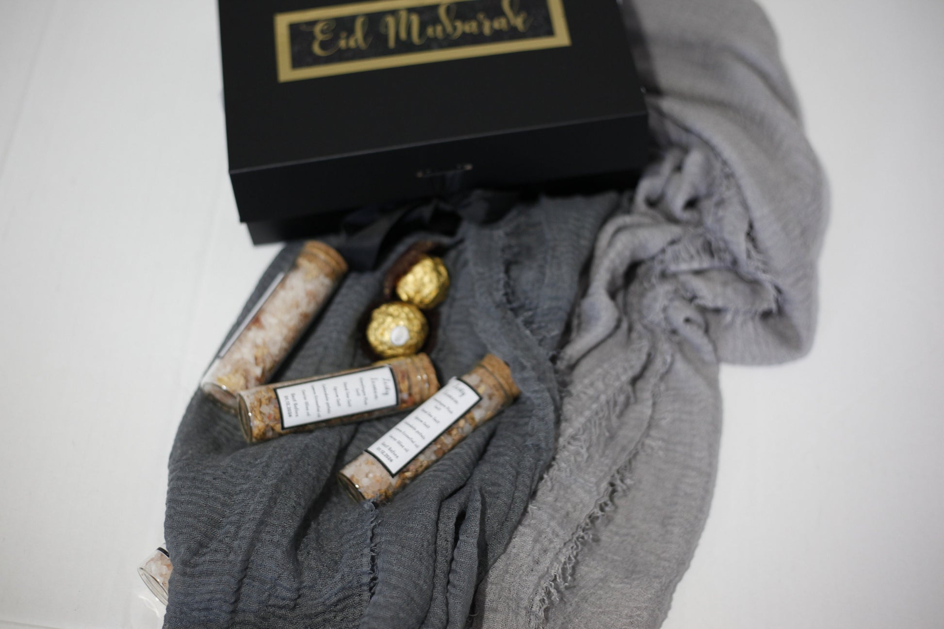 Grey Hijab Gift Box Set with Distressed Edge Scarves and Handmade Bath Salts - Perfect for Eid or Any Occasion, Perfect gift for her on Eid