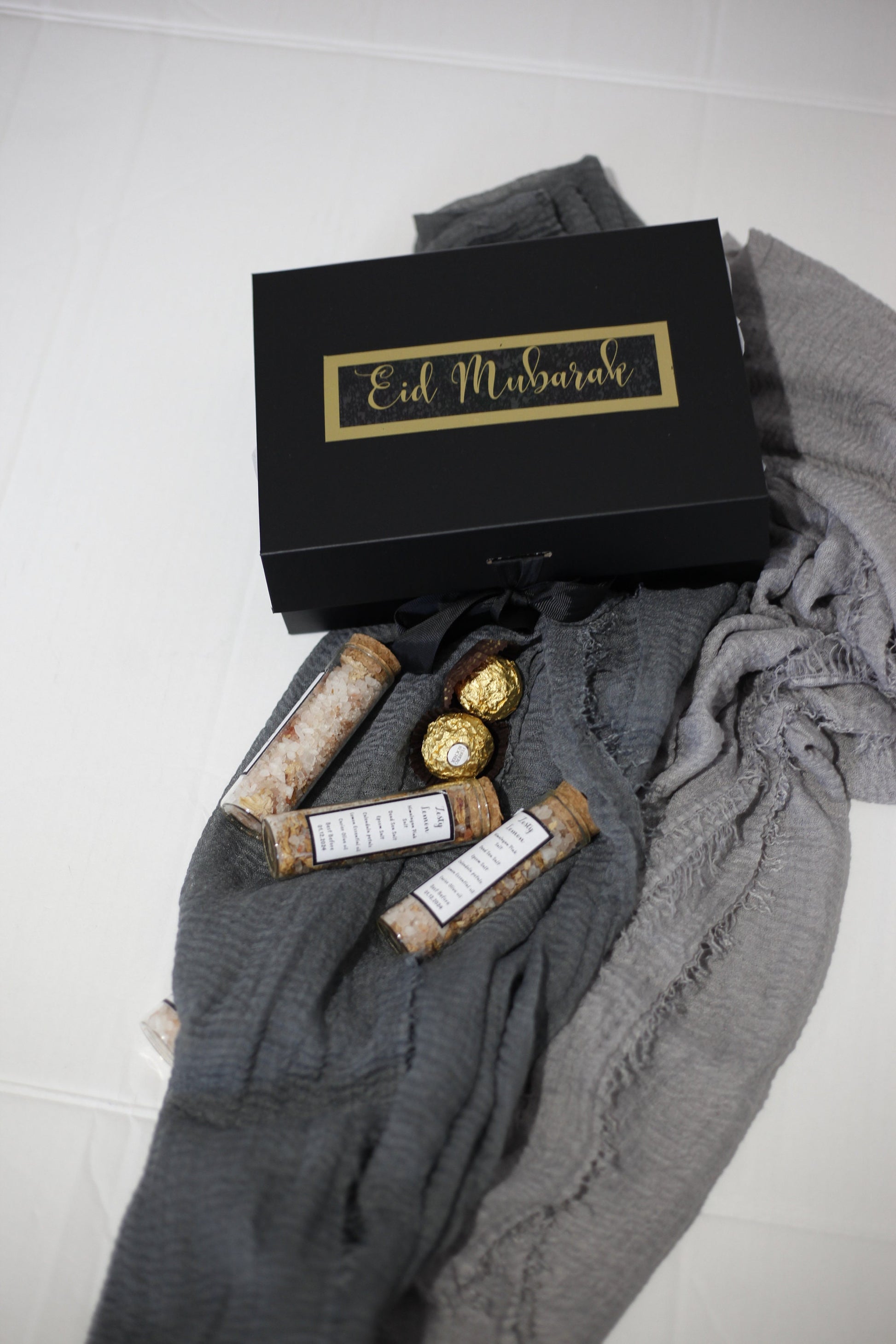 Grey Hijab Gift Box Set with Distressed Edge Scarves and Handmade Bath Salts - Perfect for Eid or Any Occasion, Perfect gift for her on Eid