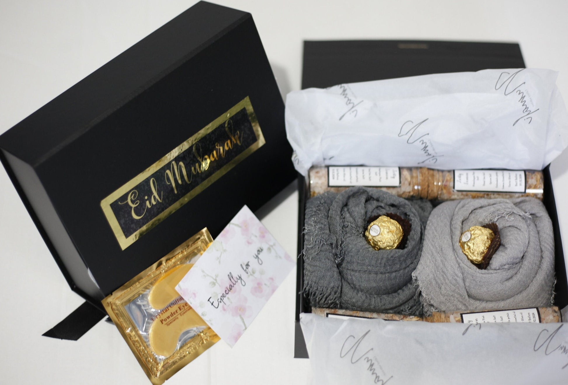 Grey Hijab Gift Box Set with Distressed Edge Scarves and Handmade Bath Salts - Perfect for Eid or Any Occasion, Perfect gift for her on Eid
