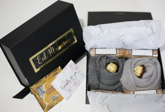 Grey Hijab Gift Box Set with Distressed Edge Scarves and Handmade Bath Salts - Perfect for Eid or Any Occasion, Perfect gift for her on Eid