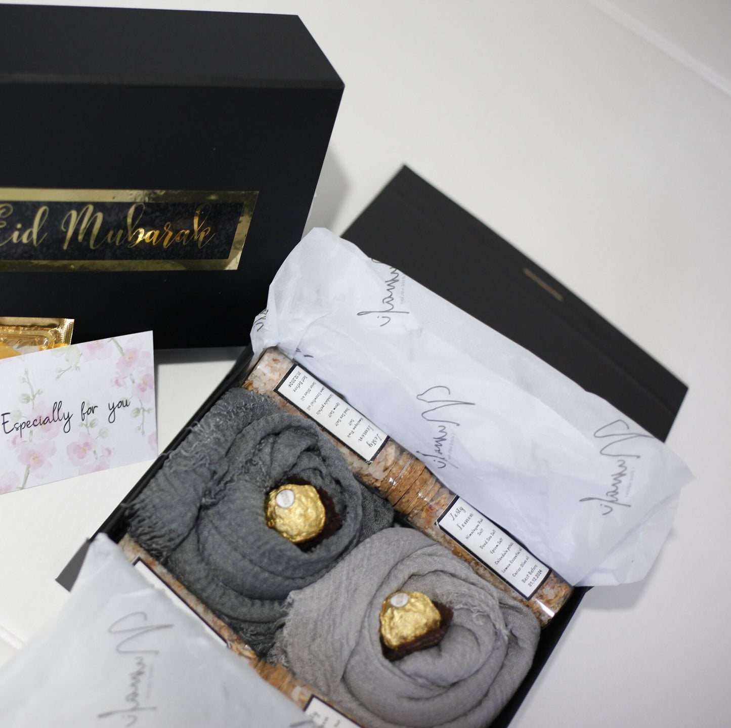 Grey Hijab Gift Box Set with Distressed Edge Scarves and Handmade Bath Salts - Perfect for Eid or Any Occasion, Perfect gift for her on Eid