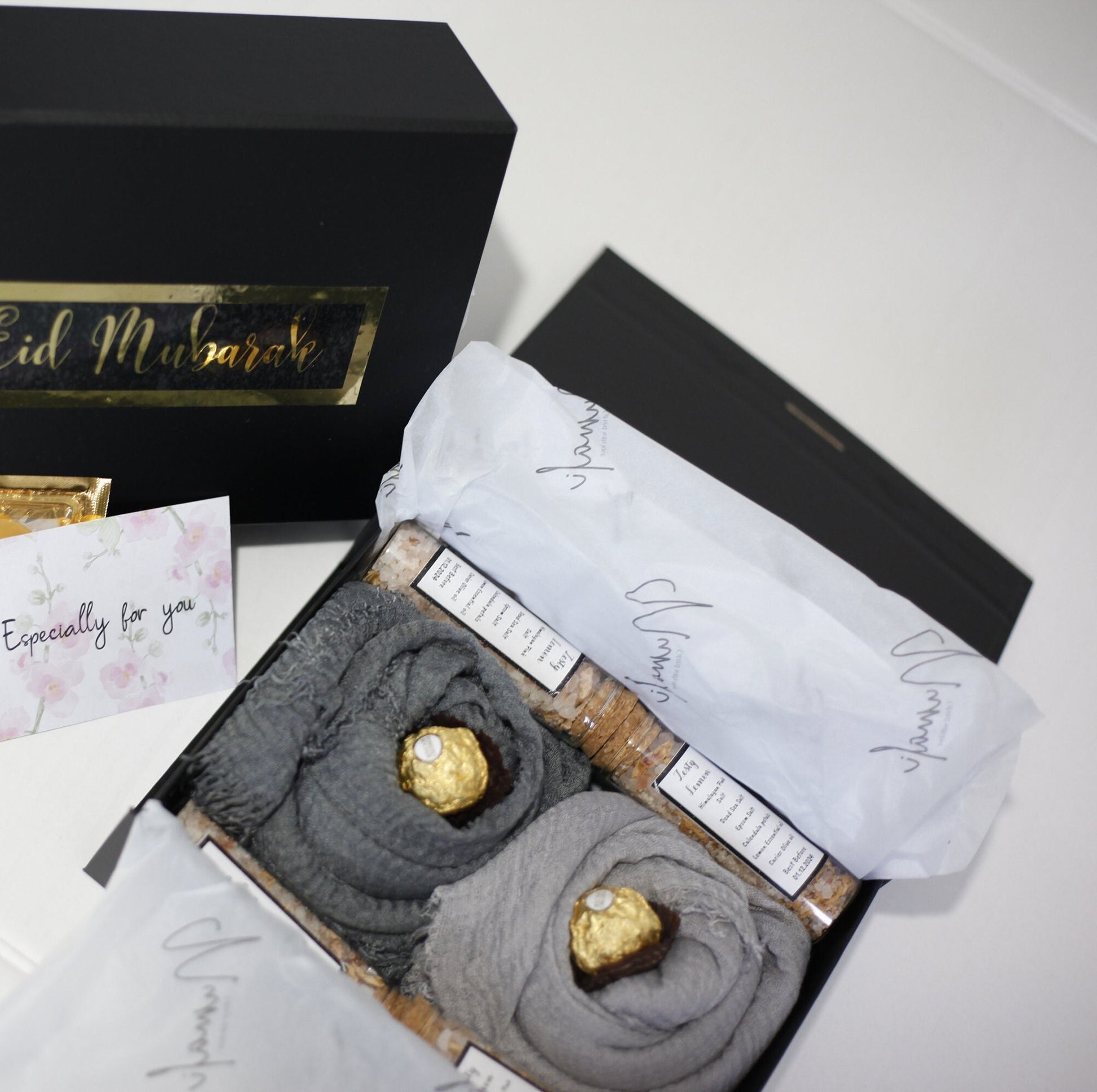 Grey Hijab Gift Box Set with Distressed Edge Scarves and Handmade Bath Salts - Perfect for Eid or Any Occasion, Perfect gift for her on Eid