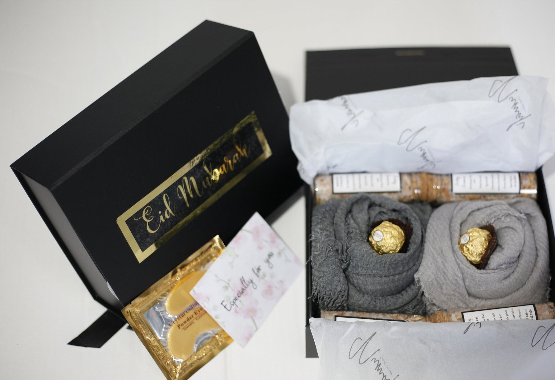Grey Hijab Gift Box Set with Distressed Edge Scarves and Handmade Bath Salts - Perfect for Eid or Any Occasion, Perfect gift for her on Eid