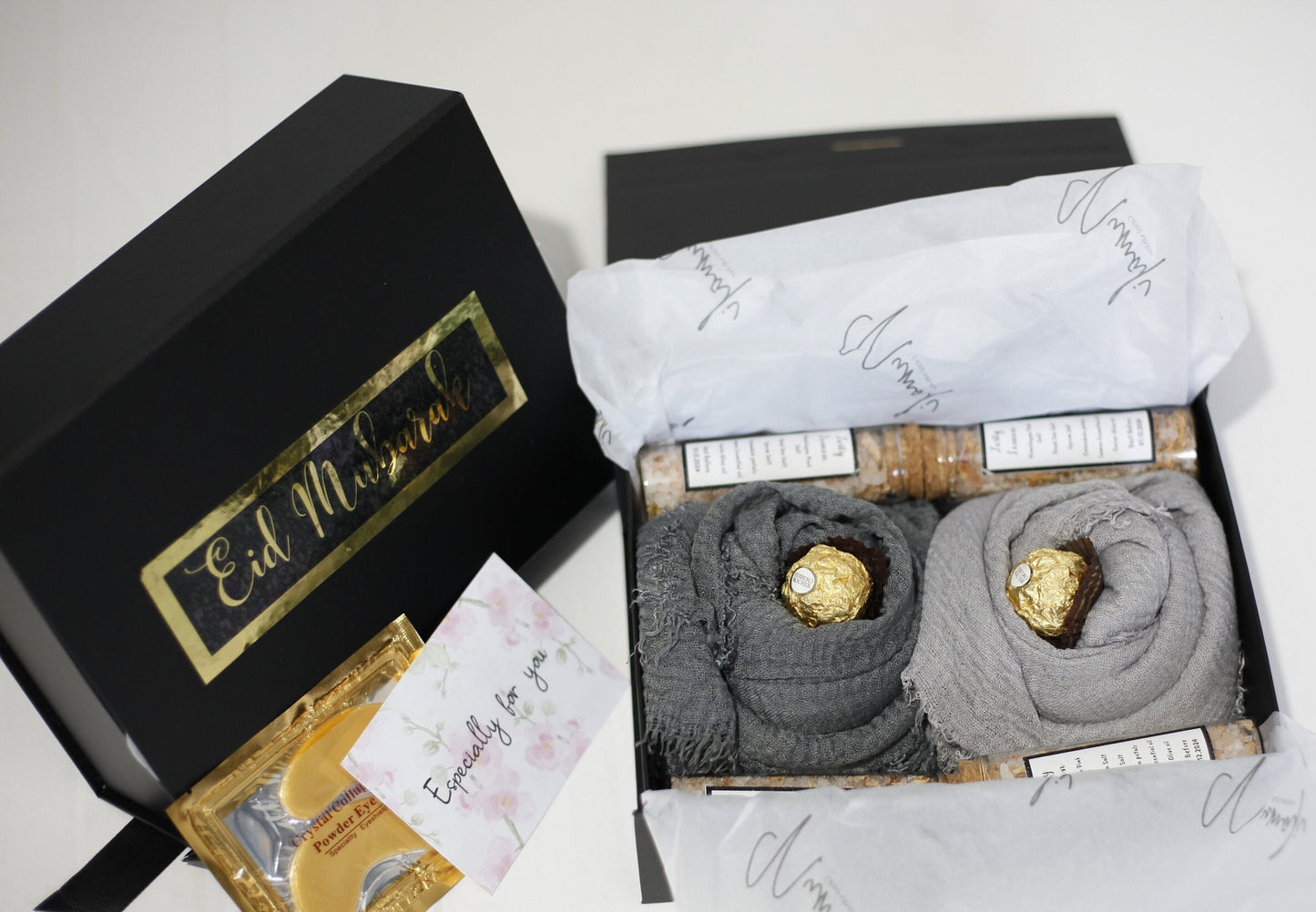 Grey Hijab Gift Box Set with Distressed Edge Scarves and Handmade Bath Salts - Perfect for Eid or Any Occasion, Perfect gift for her on Eid