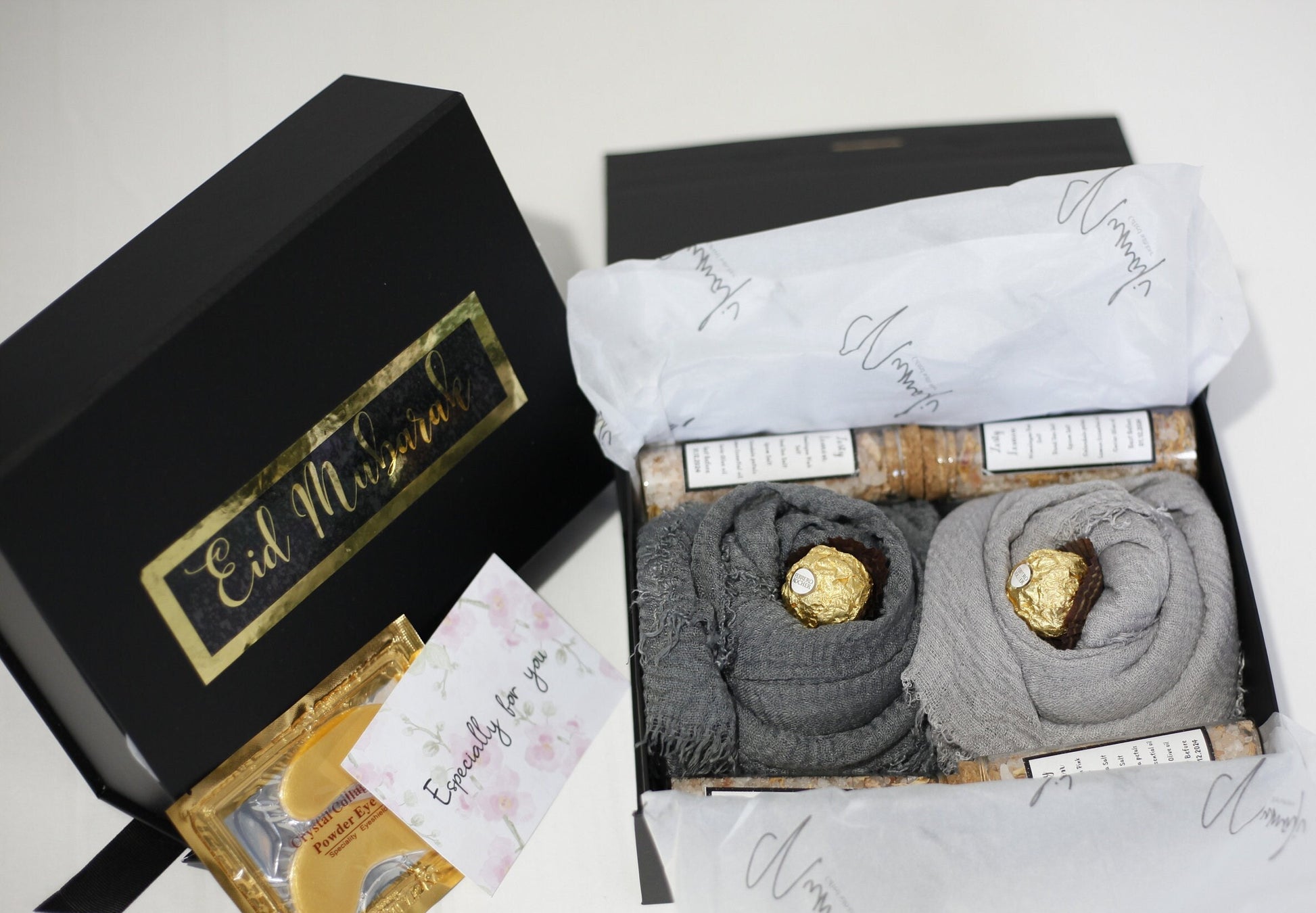 Grey Hijab Gift Box Set with Distressed Edge Scarves and Handmade Bath Salts - Perfect for Eid or Any Occasion, Perfect gift for her on Eid