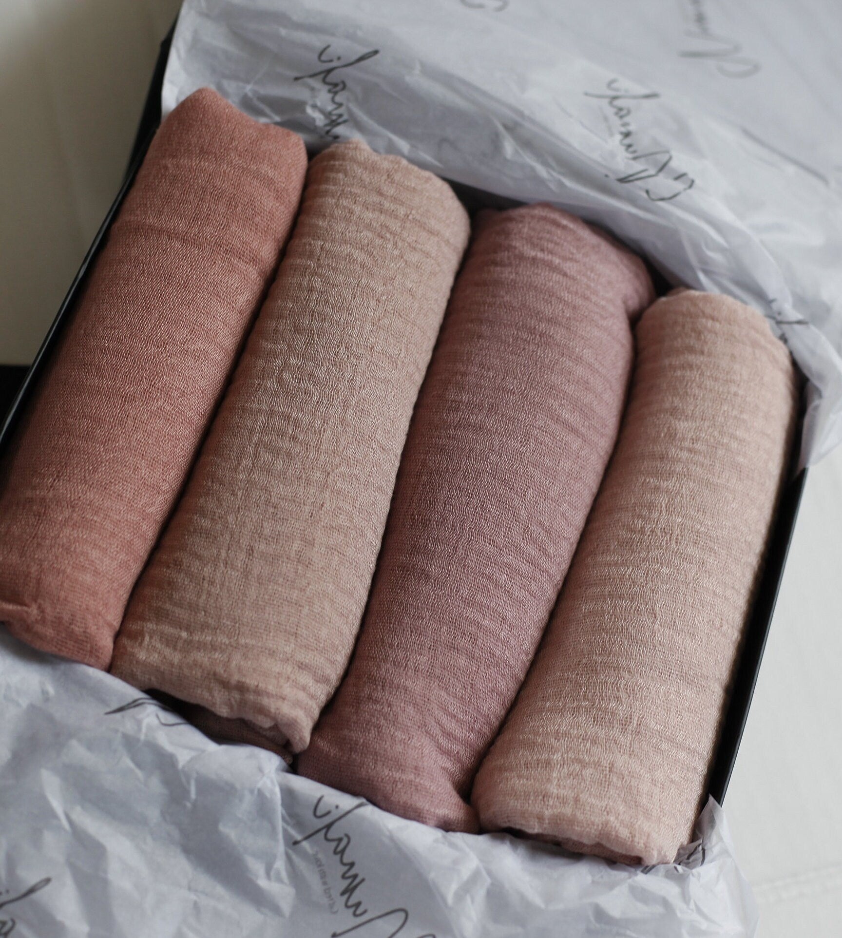Elegant Eid Gift Box, 4 Nude crinkle Hijabs with 'Eid Mubarak' Gold Foiled gift box , hijab box for eid gifting, Hijab box for eid
