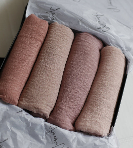 Elegant Eid Gift Box, 4 Nude crinkle Hijabs with 'Eid Mubarak' Gold Foiled gift box , hijab box for eid gifting, Hijab box for eid