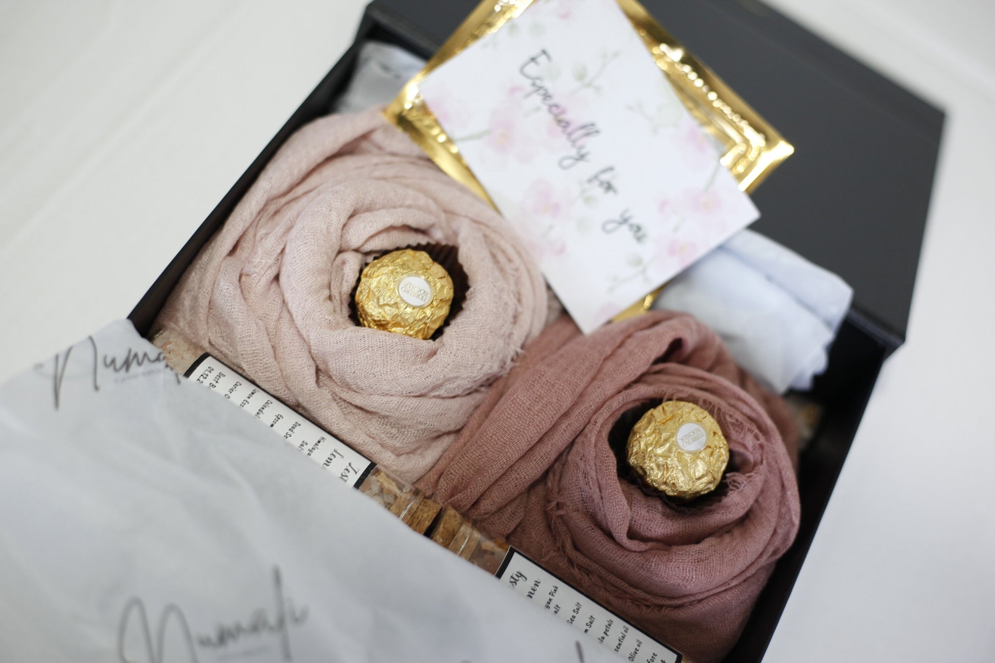 Hijab Gift Box Set with Distressed Edge Scarves and Handmade Bath Salts - Perfect for Eid or Any Occasion, Perfect gift for her on Eid